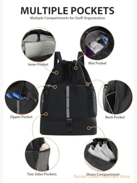 Waterproof Gym Drawstring Backpack with Shoes Compartment Wet Pockets main image 4